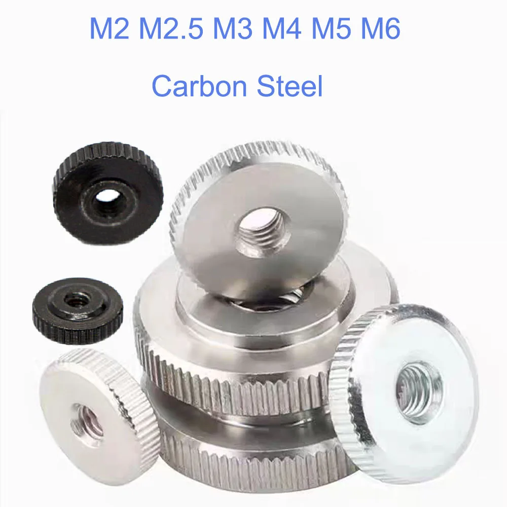 5Pcs  Carbon Steel Knurled Thin Head Thumb Nut M2 M2.5 M3 M4 M5 M6  Hand Tighten Flat Head Nut Bright Nickel / Black zinc