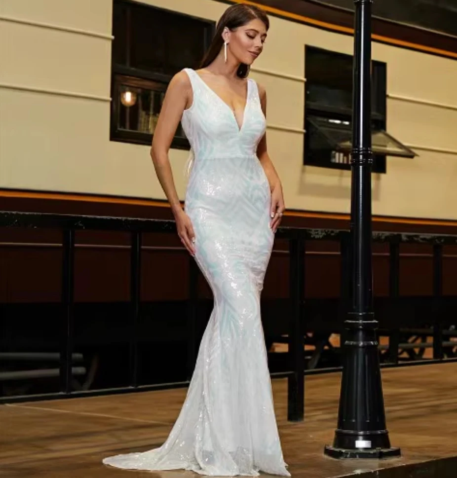 Vestido blanco elegante con purpurina y lentejuelas para mujer, cuello en V, corte ancho, sirena, largo hasta el suelo, elegantes y bonitos