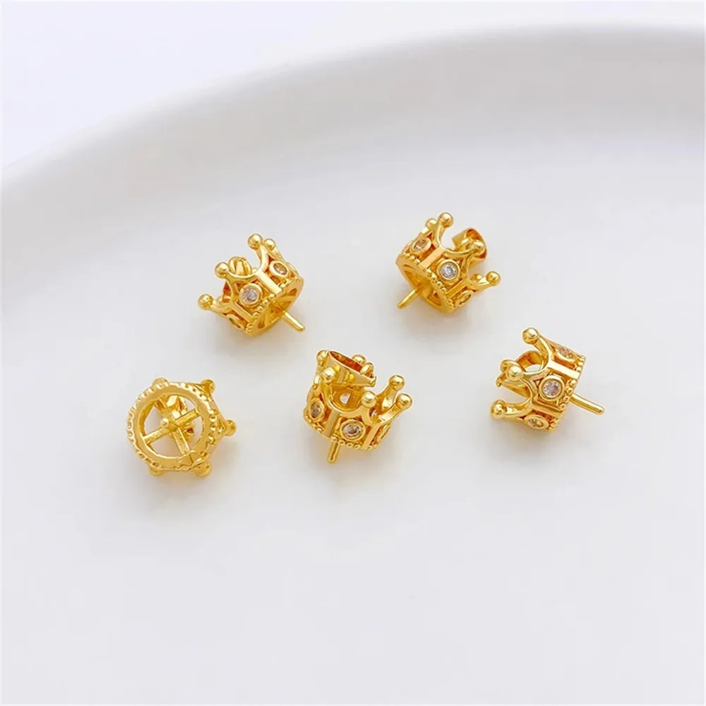 18K Gold Inlaid Zircon Crown Needle Pendant Needle DIY Handmade Jewelry Necklace Pearl Jade Half Hole L479