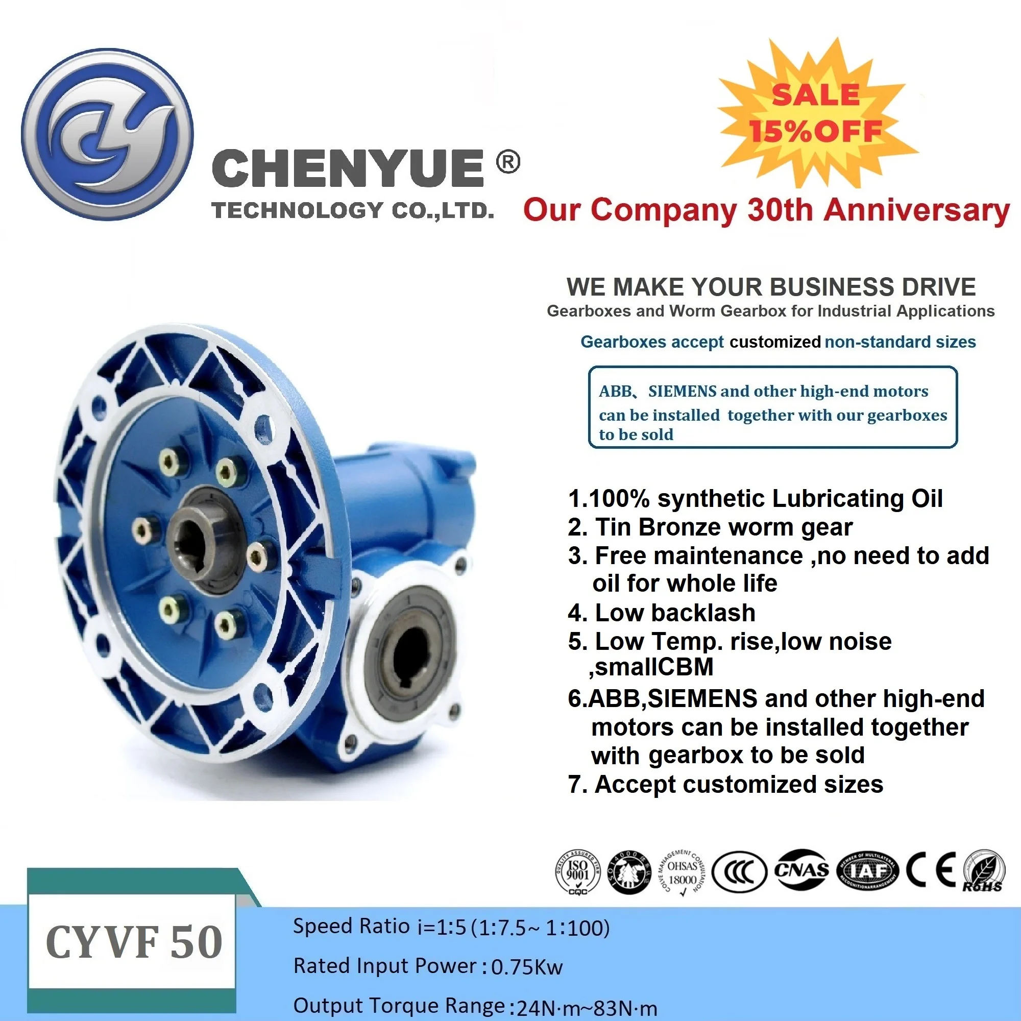 

CHENYUE Free Maintenance Worm Gearbox CYVF 050 Input 14/11/19mm Output 25mm Ratio 5:1/100:1Free Maintenance No need to add oil