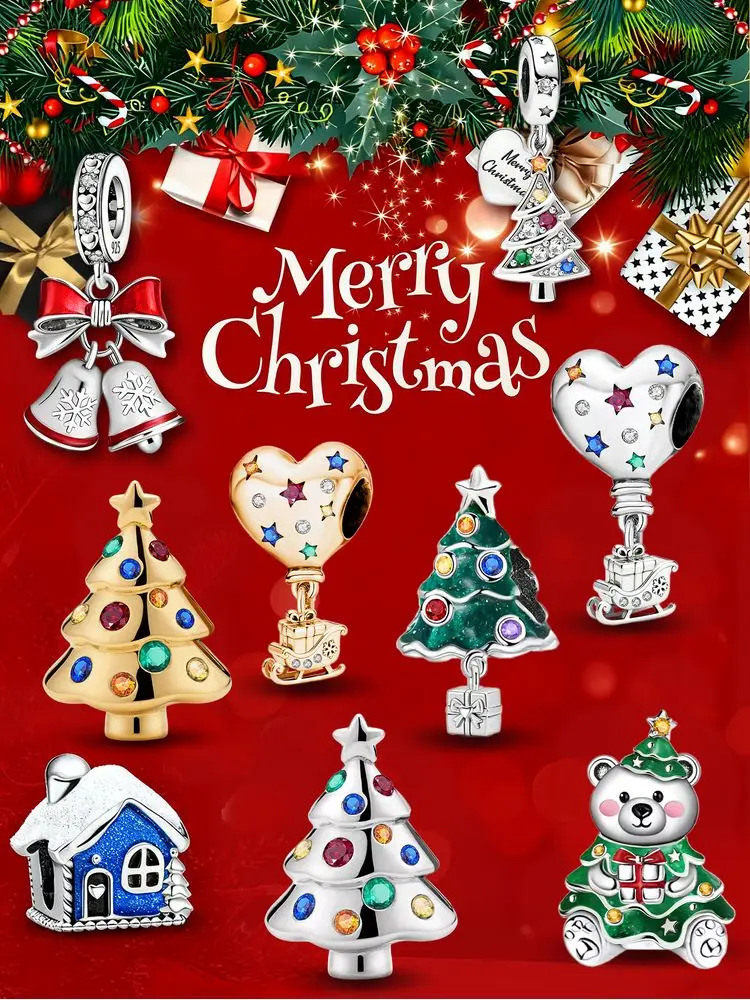 925 فضة كلاسيكي جرس شجرة عيد الميلاد سلسلة عيد الميلاد خرزة ساحرة تناسب سوار ذاتي الصنع صنع هدية من المجوهرات عالية الجودة