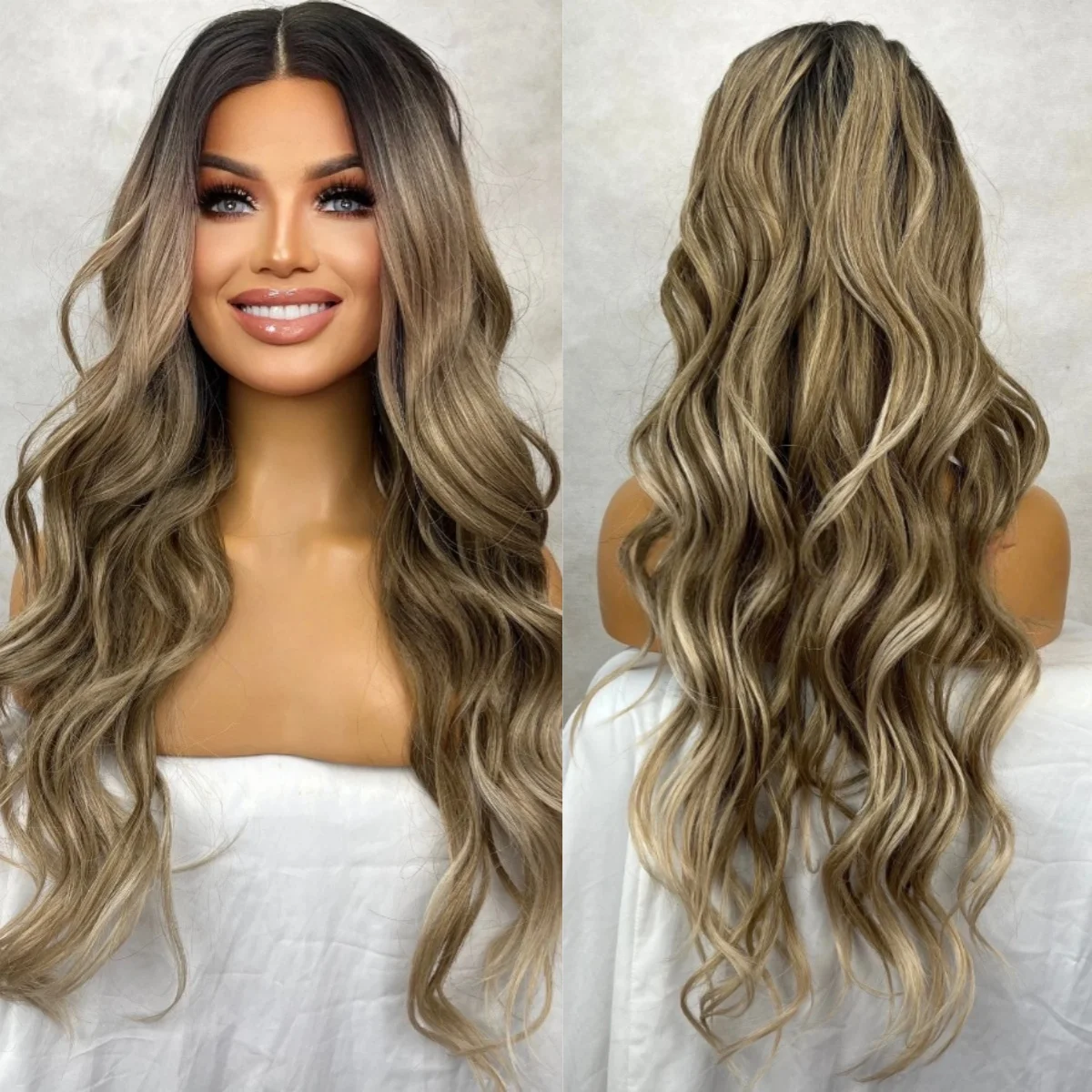 

Glueles Объемные волнистые парики Ombre Highlight Карамельно-коричневый синтетический парик фронта шнурка для женщин Парики с пробором средней длины Лидер продаж