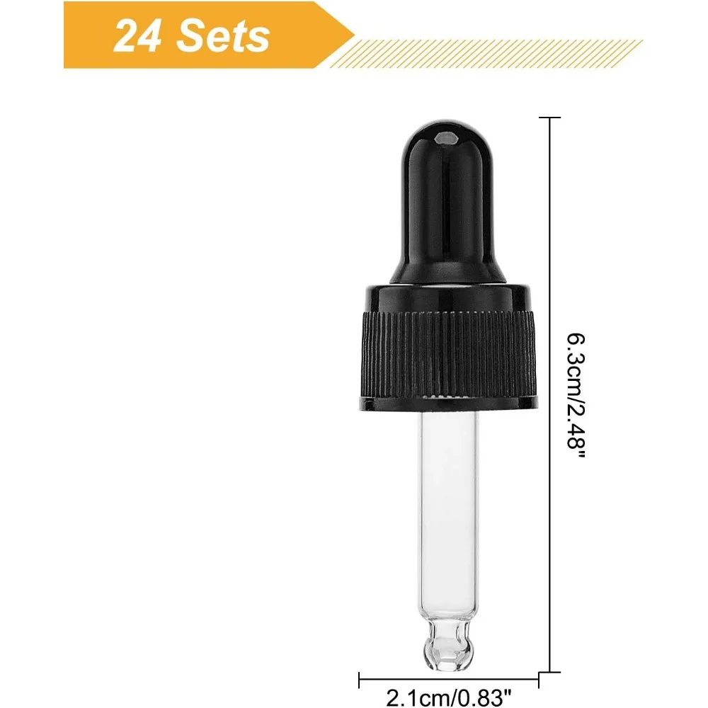 24sets 5ml 2.48x0.83Inch Black Straight Tip Glass Droppers with Rubber Bulb and Screw Cap Eye Dropper for Glass Essential Oils