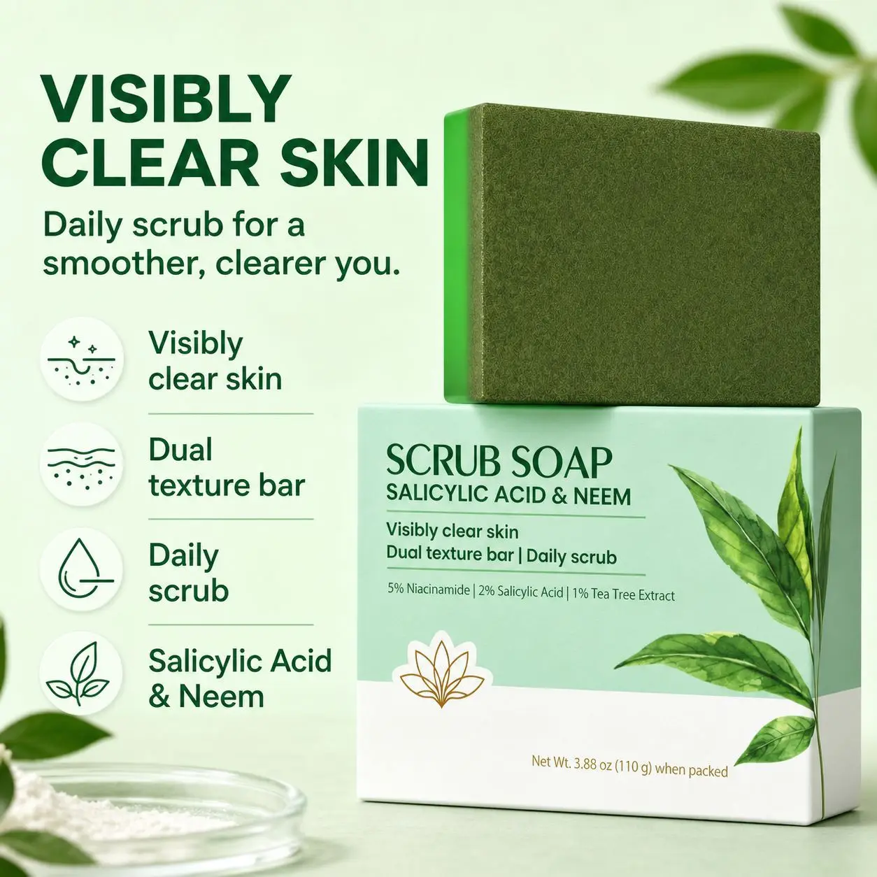 Scrub Bar Soap | Salicylic Acid & Neem Infused Daily Exfoliating Cleanser with 5% Niacinamide,2% Salicylic Acid,1% Tea Tree Extr