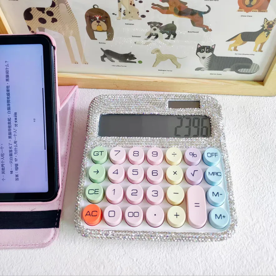 Dopamine Solar Calculator with Rhinestone Office Mechanical Keyboard Diamond-Studded Large Screen Display Accurate Office Tools