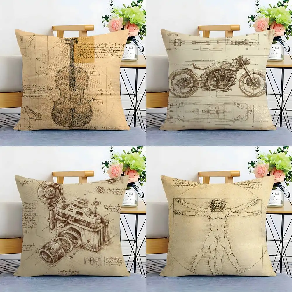 Da Vinci Inspired Sketches Pillow Case Plush Fabric Soft Double Sided Print Sofa Cushion Cover Throw Pillow Covers