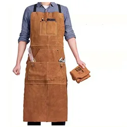 Cowhide  Leather Work Shop Apron with 6 Tool Pockets Heat & Flame Resistant Durable Heavy Duty Welding Apron for Men Women