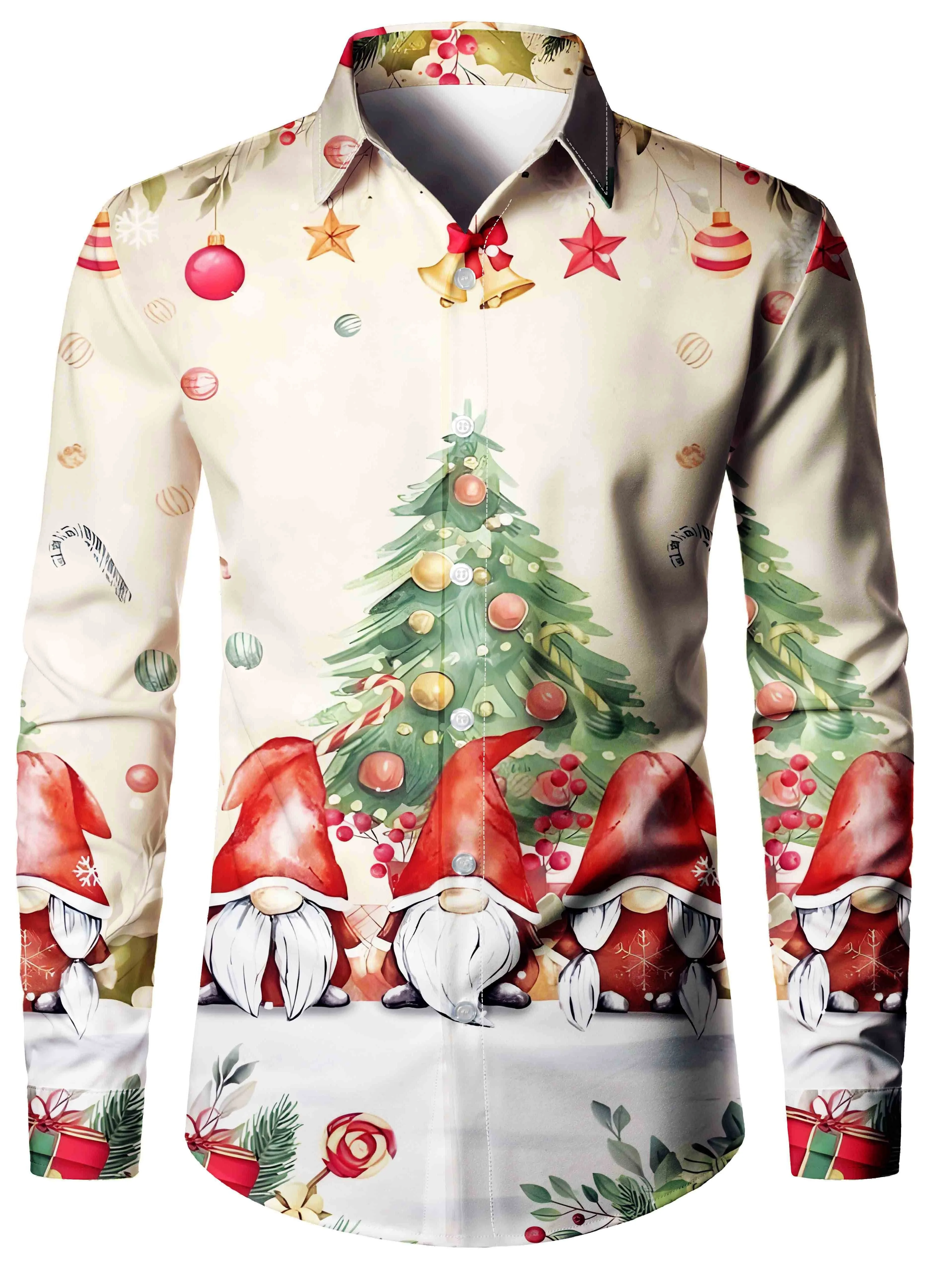 Camisa de manga larga con estampado de perro y gato para hombre, Camisa cómoda de moda con cuello vuelto, 2024 ", Feliz Navidad, otoño