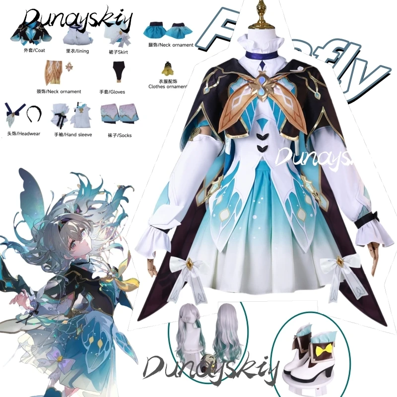 Game Firefly Cosplay Costume with Wig Shoes Prop Outfits Honkai Star Rail Role Play Blue Dress for Christmas Customized