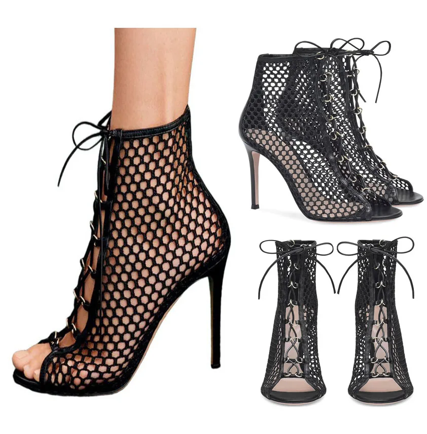 Sexy Black Patchwork Braid Fishnet Mesh Lace-Up Summer Ankle Boots Stiletto High Heels Peep Toe Sandals Boots Women