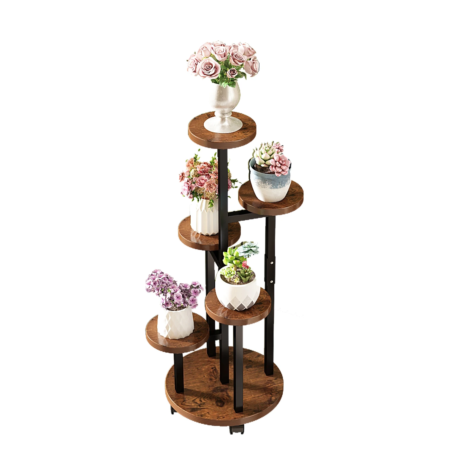 

Tiered Shelf Holder Display Rack Shelving Patio Garden Balcony Bedroom Living Room Brown Iron Round Stand