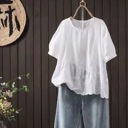 Mori Girls Japan Style 100% Cotton Short Sleeve Lace Patchwork Embroidery Shirts Boho Blouses Cotton Bohemian Clothing