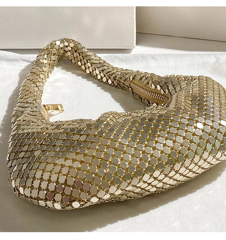 Gold Metal Mesh Shoulder Underarm Bag Bling Shiny Sequins Evening Bag Women\'s Handbag Wedding Party Clutch Purse Female Armpit