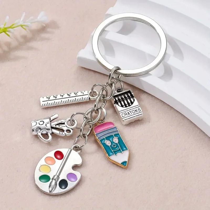 Classic Drawing Board Ruler Crayon Pencil Enamel Keychain Apple Brush Pendants For Women Men Good Teacher Gift Handmade Jewelry