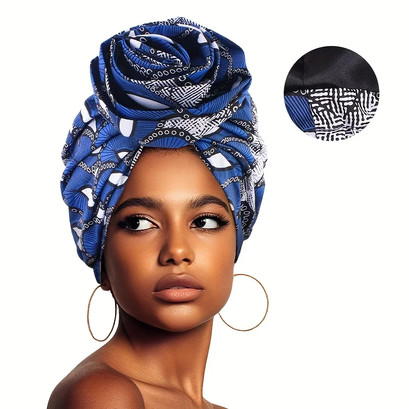 Boho Chic African Print Turban with Satin Lining Breathable Stretchy Polyester Head Wrap for teen girls Versatile Outdoor
