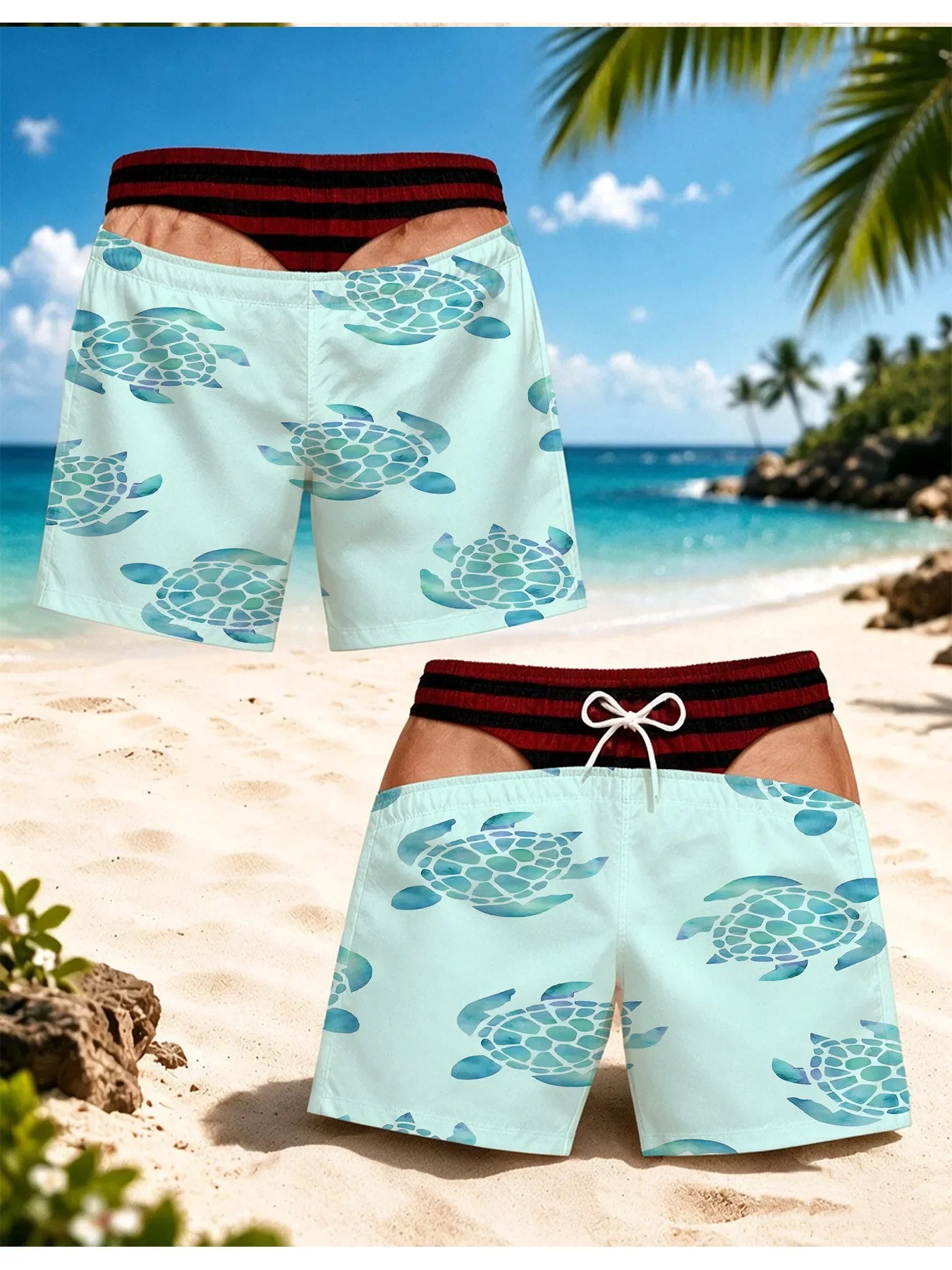 Funny 3D Print Tropical Pastel Angel Fish Fake Hollow Out Visual Illusion Mens Summer Beach Party Swim Shorts