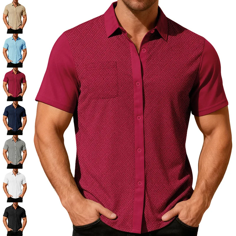 Men's Jacquard Textured Button Down Shirt Short Sleeve Lapel Collar With Chest Pocket Casual Business Tops