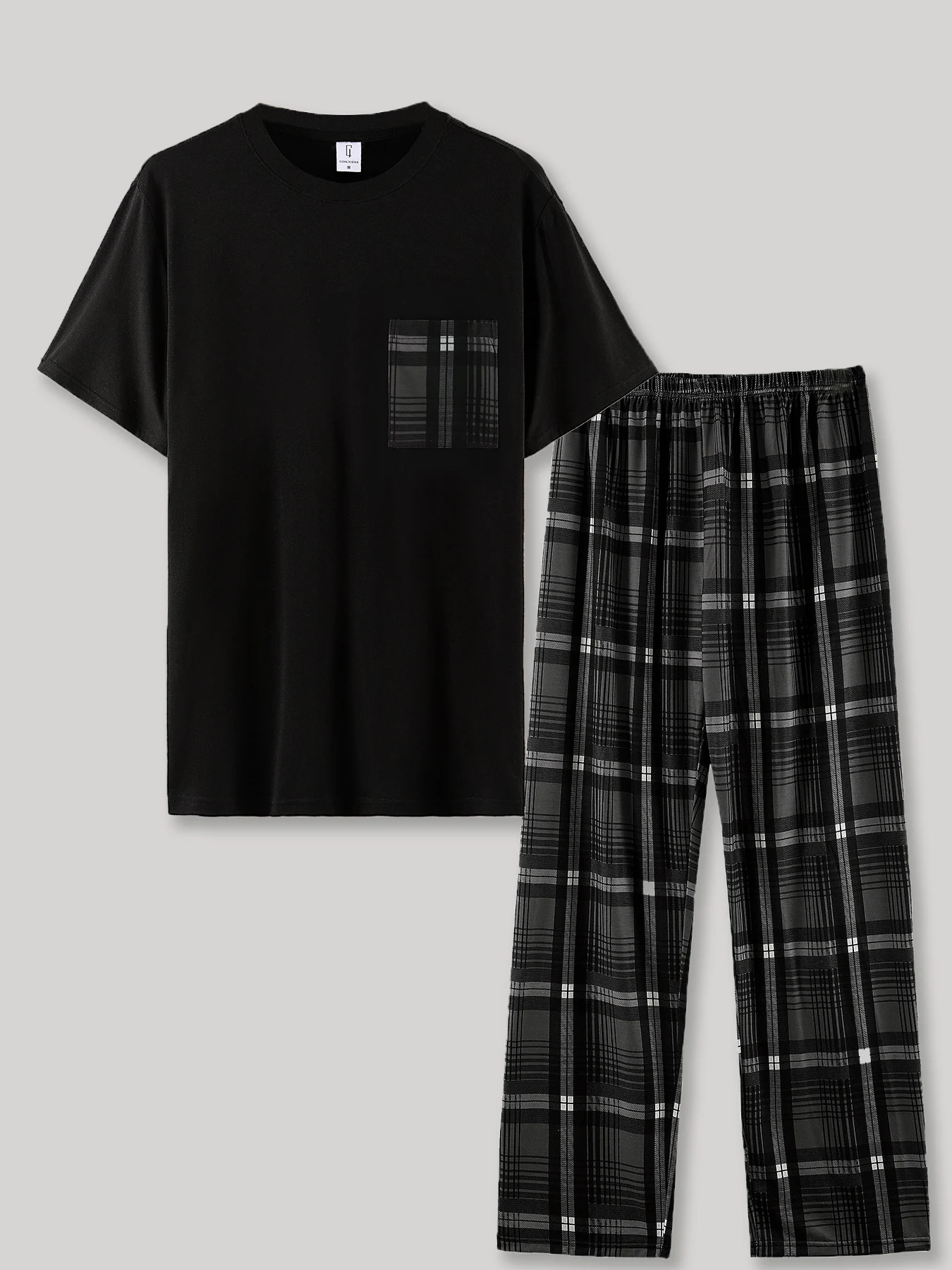 

Men's Casual Loungewear, Solid Black Crew Neck Tee & Elastic Waist Plaid Trousers