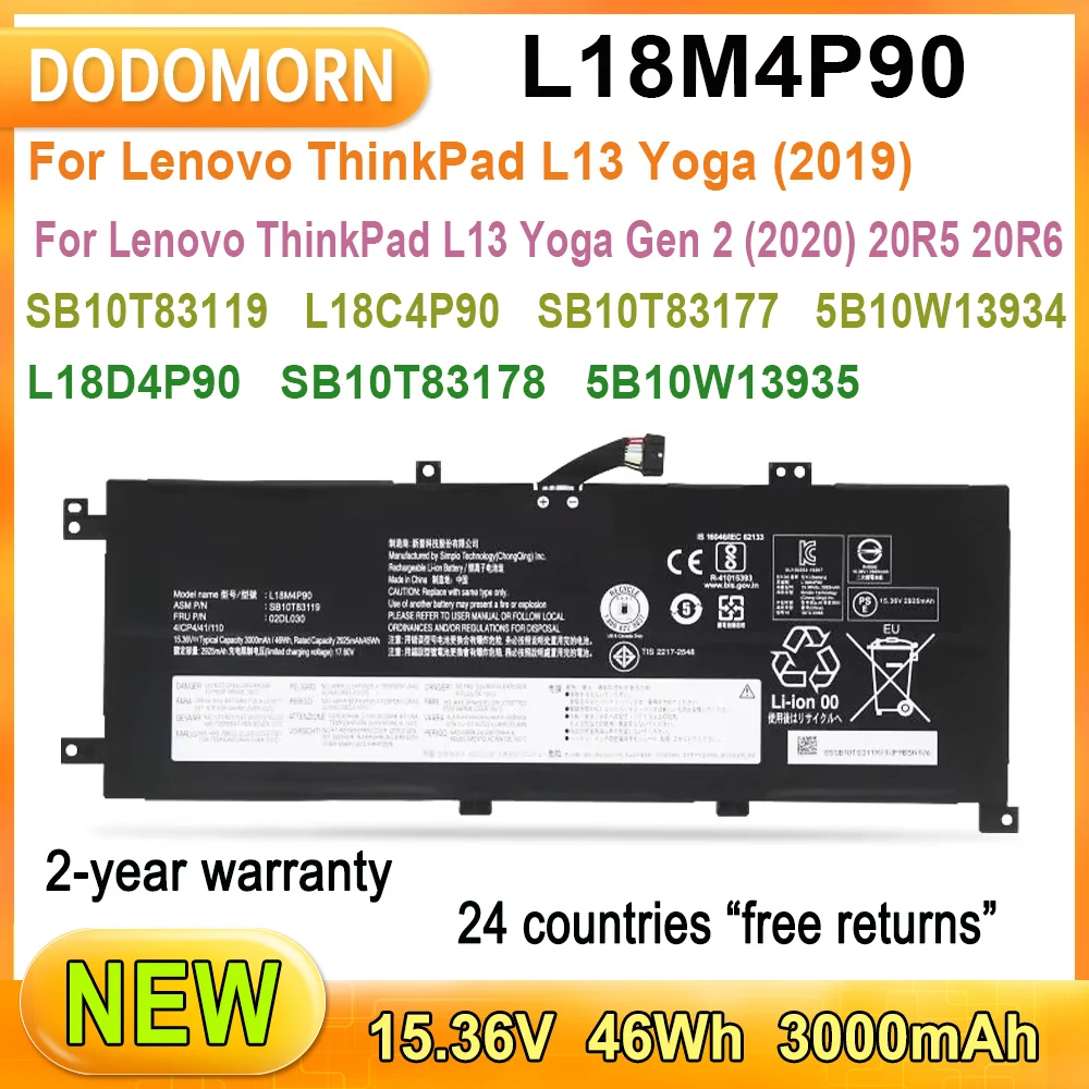 New 3000mAh Battery For Lenovo ThinkPad L13 Yoga (2019),Gen 2 (2020),20R5 20R6 Series Laptop L18M4P90 L18C4P90 L18D4P90 15.36V