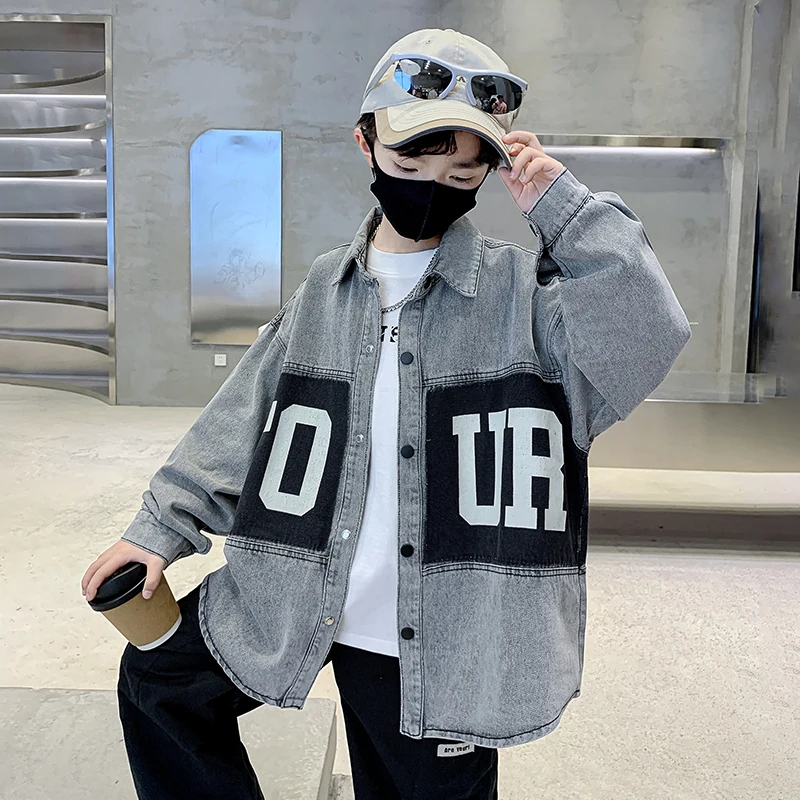 سترة جينز رمادية للأولاد لعام 2025 معطف جينز قطني غير رسمي للأطفال وصل حديثًا سترة فضفاضة للربيع والخريف للأطفال بعمر 5-14 سنة #2