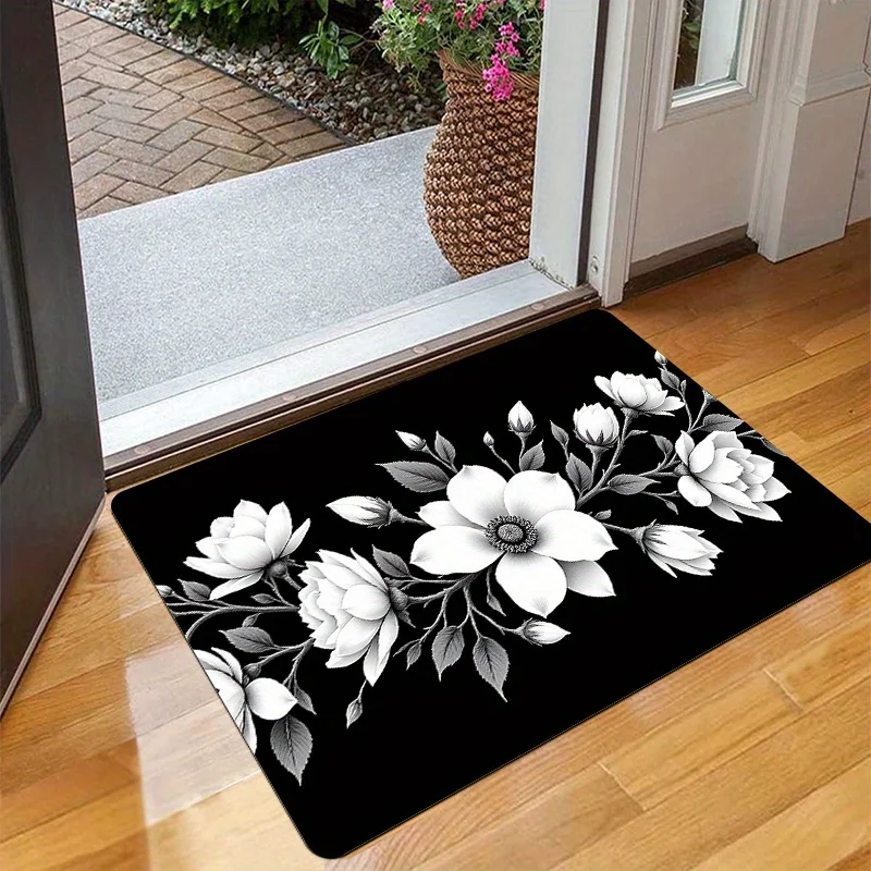 Durable Non Slip Floor Mat With Sophisticated Botanical Motif For High Traffic Kitchen And Bathroom Practical Use