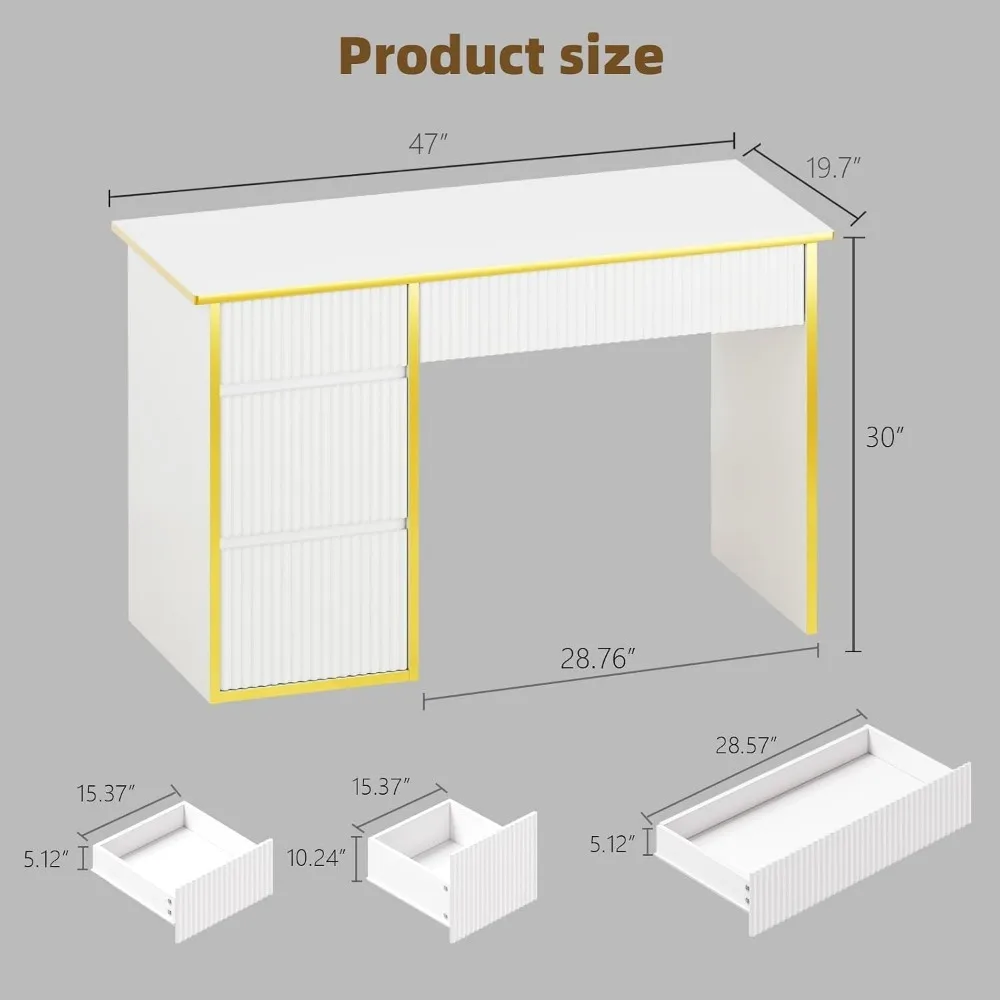 4 EVER WINNER White Desk with Drawers, 47'' Computer Desk with 4 Drawers for Small Spaces, Small Office Desk with File Drawer for Study Room, Bedroom, White and Gold Desk