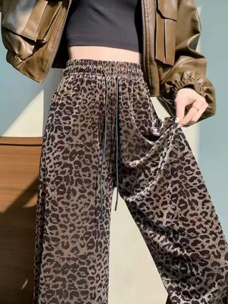 2024 Autumn And Winter New Fashion Women'S Gold Velvet Women'S Pants High Waist Wide Leg Pants Loose Y2K Leopard Print Pants