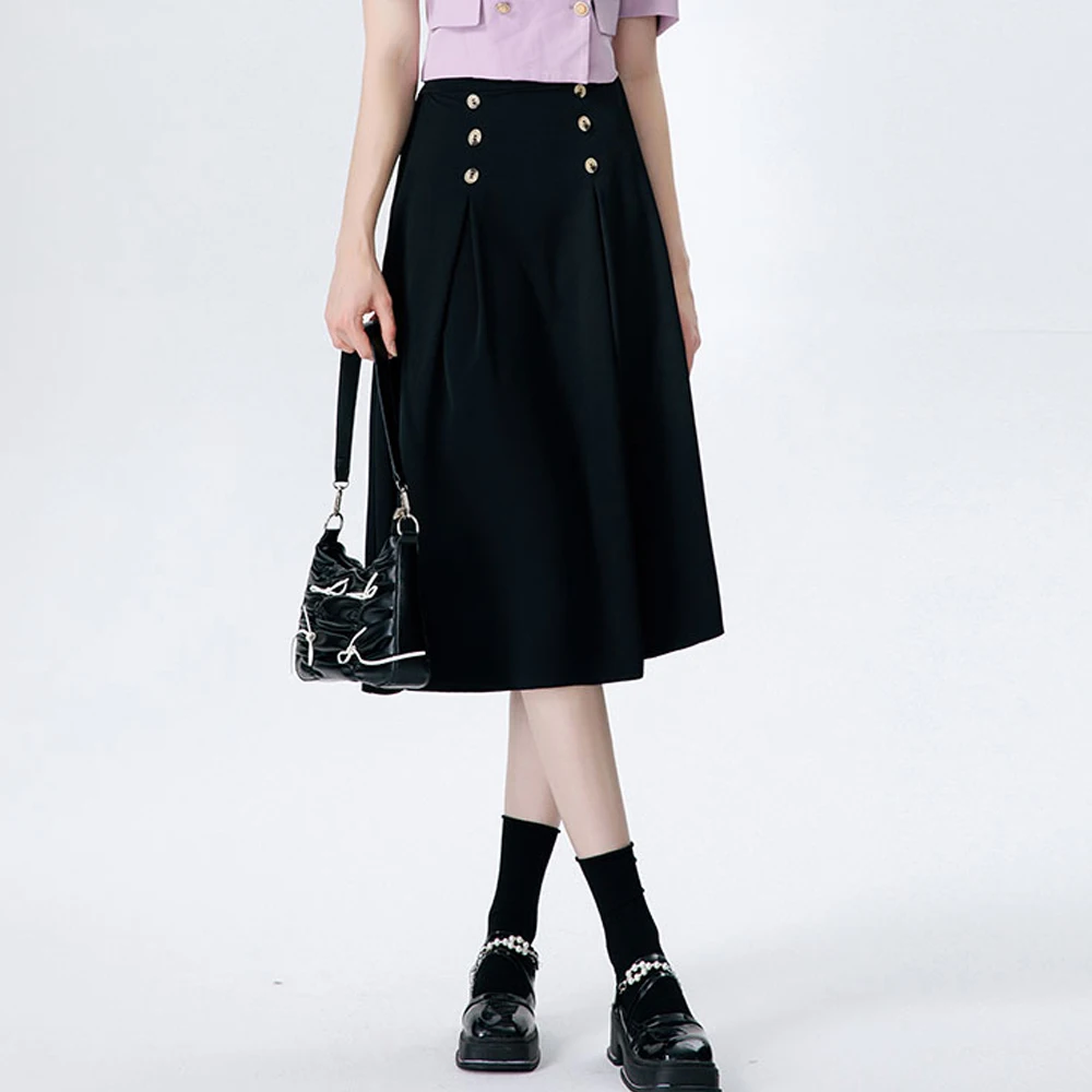 Ladies Sweet Pink Ruffles Skirts 2024 New Spring Summer Duoble Breasted Elegant Apricot A-Line Skirt OL Style Black Midi Skirts