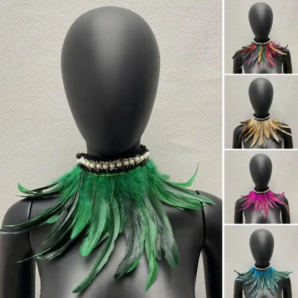Faux Feather Scarf Faux Pearl Decor Adjustable Lace-up Ribbon Cosplay Party Stage Performance Feather Collar Costume Accessories