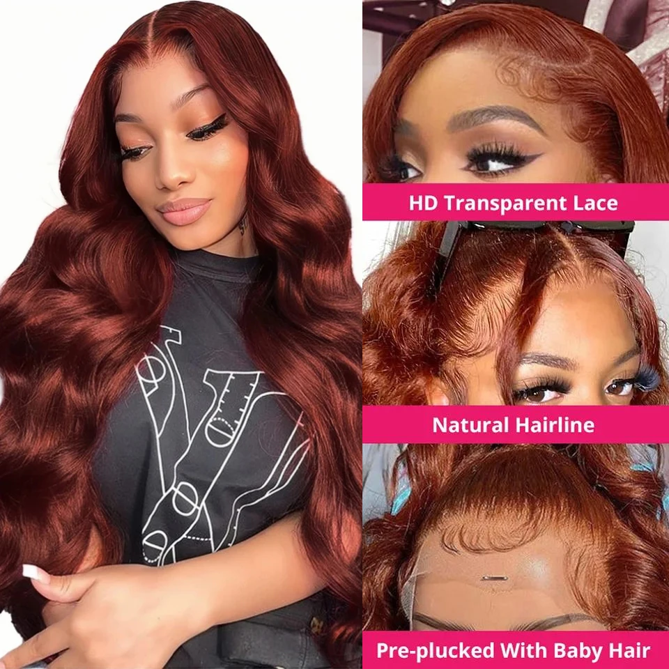 Perruque Lace Front Wig Brésilienne Naturelle, Cheveux Humains, Rouge Foncé, Brun, 13x6, 13x4, 4x4, Pre-Plucked