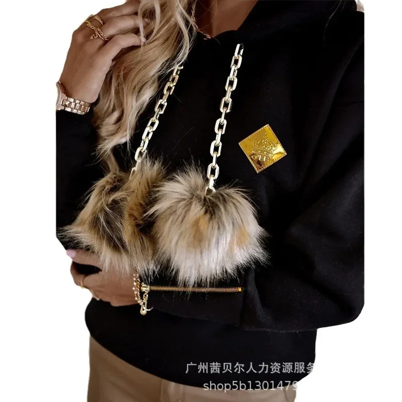 Pom Pom Decor Zip-up Long Sleeve Hoodie Women Solid Color Autumn Winter Sweatshirt Pullover