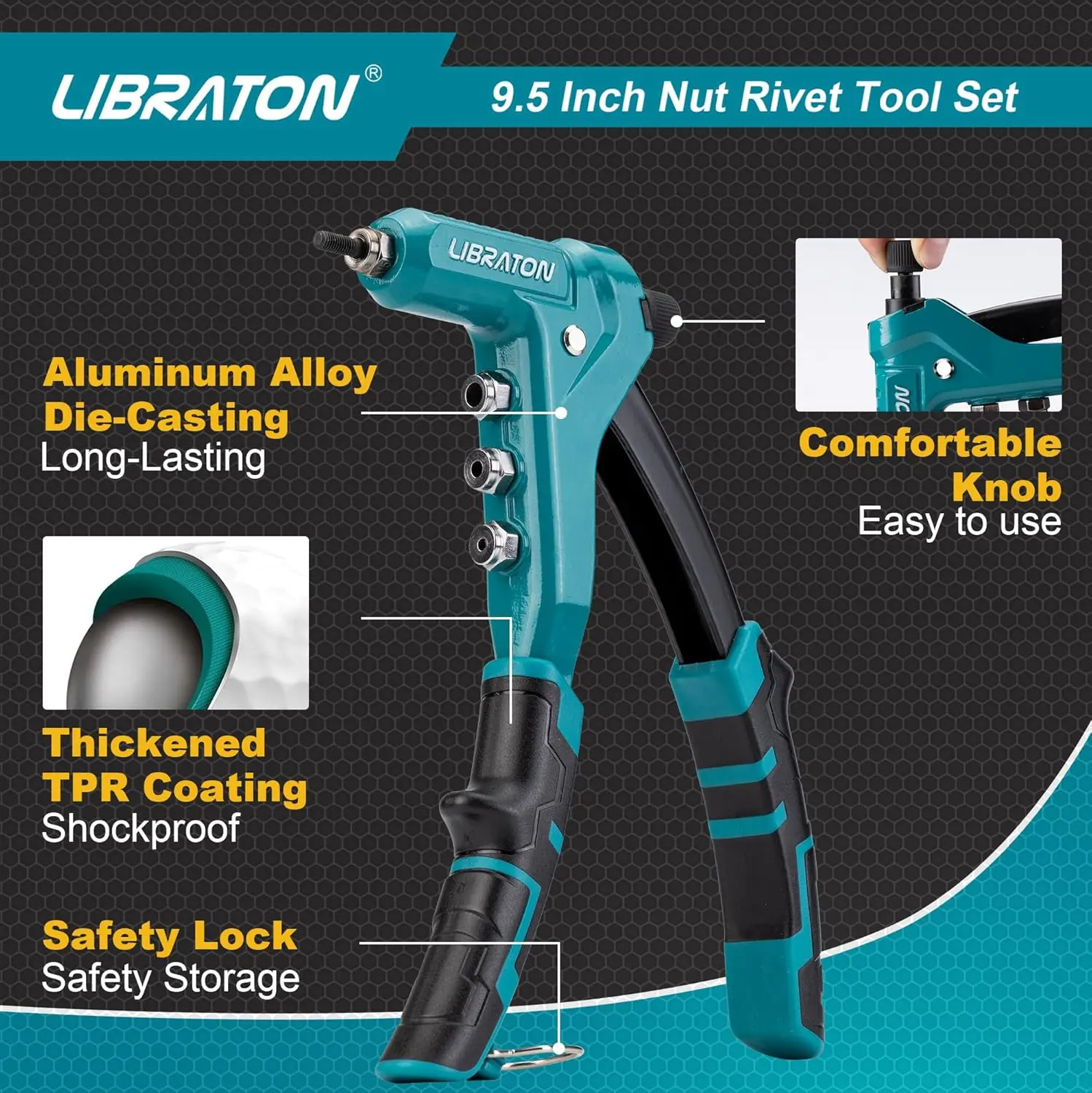 LIBRATON Rivet Nut Gun Kit, 9.5 Inch One-Handed Nut Rivet Gun with 80PCS Threaded Rivet Nuts Metric M3-M6 & SAE 6-32\