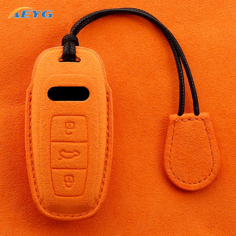 Leather Car Key Case Cover Shell Fob For Audi A6 A7 A8 E-tron Q5 Q8 C8 D5 Golden Edge Keyless Holder Fob Keychain Accessories