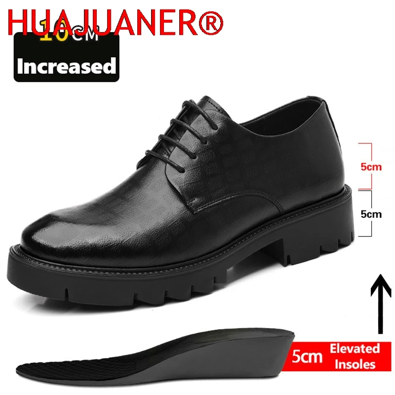

New Luxury Men's Brogues Leather Elevator Shoes Man Height Increase Insole 8cm/10cm Black Formal Business Wedding Work Men Shoes