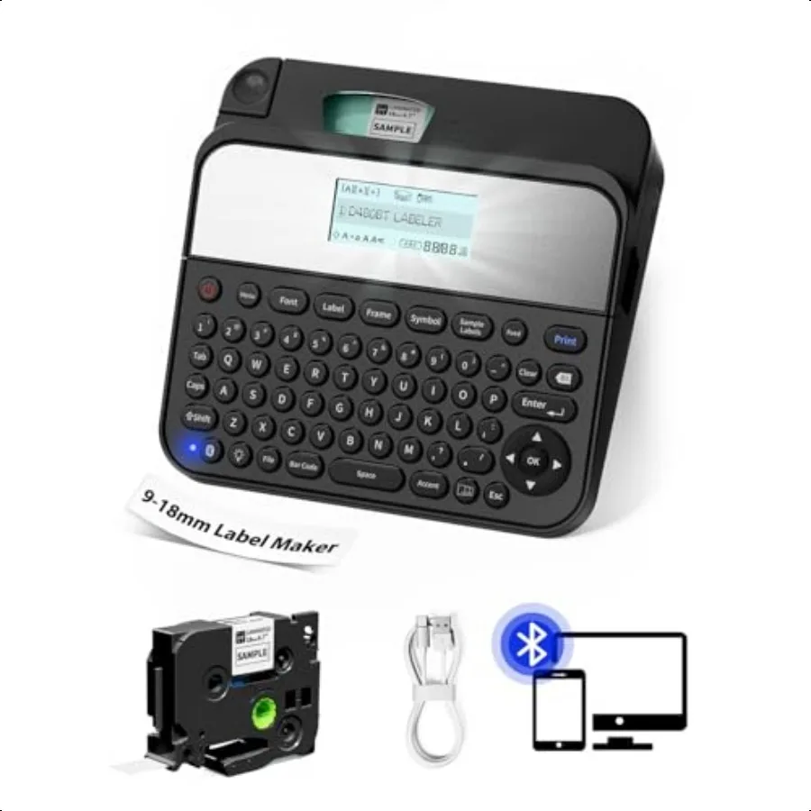 

18mm Label Maker hine withTape D480BT Bluetooth Rechargeable Label Maker with Keyboard Backlit Screen Connect PC Phone Create V