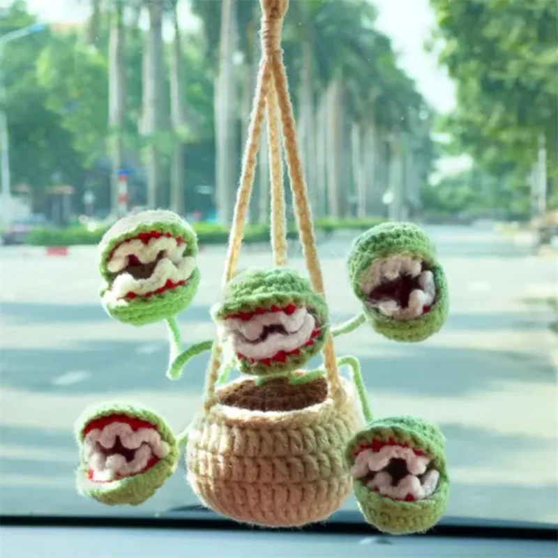 Cannibal flower Potted Plant Rear View Decor Car Interior Accessories Handmade Knitted Cute Crochet ghost Halloween Car pendant