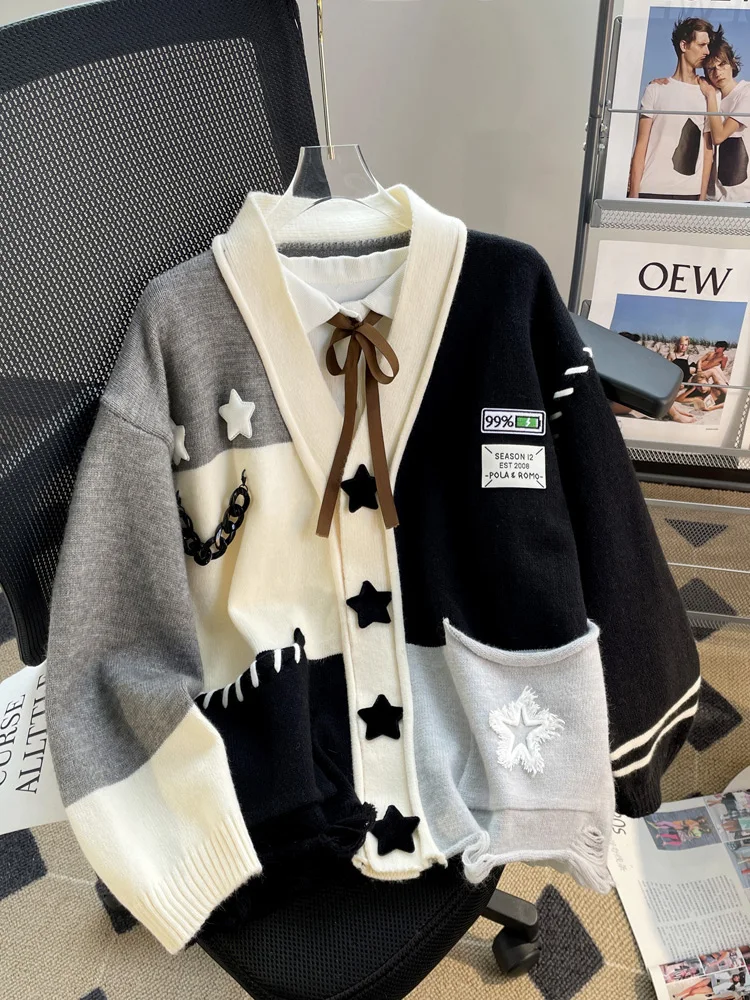 Veste Cardigan de Style ample et paresseux pour femmes, automne et hiver, manteau d'épissure d'étoiles, pulls tricotés doux et collants, haut