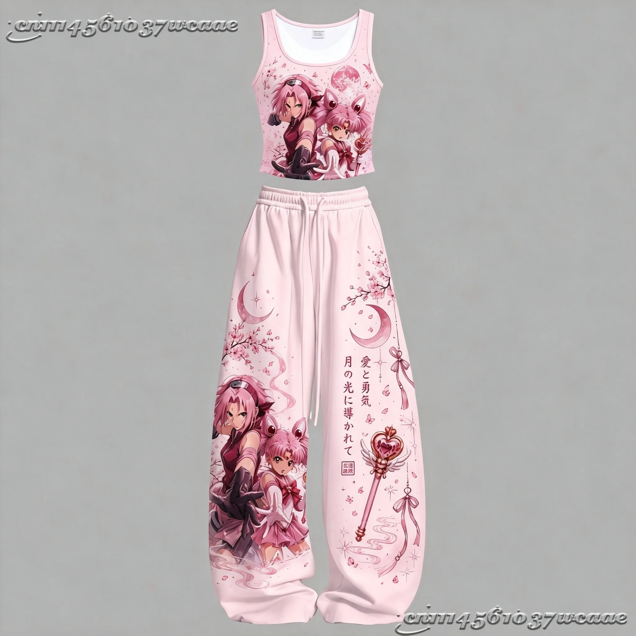 Summer Naruto anime character hot girl tank top and wide-leg thin pants set, casual two-piece home outfit FamilyMatching