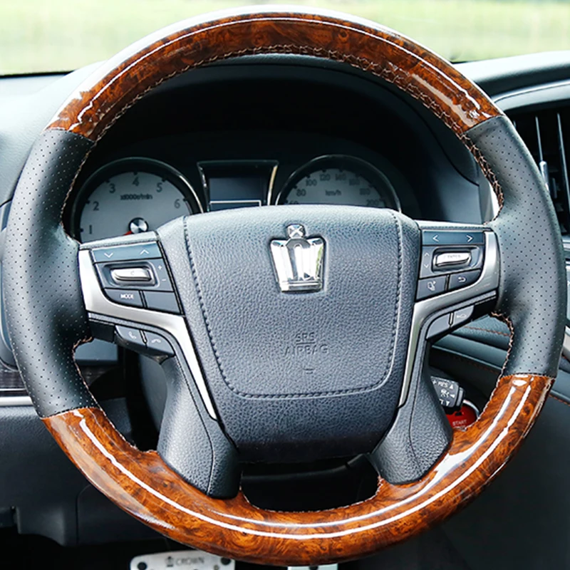 For Toyota crown 2015-2020 Peach wood grain black ultrathin nonslip Genuine Leather Hand Stitched Car Steering Wheel Cover