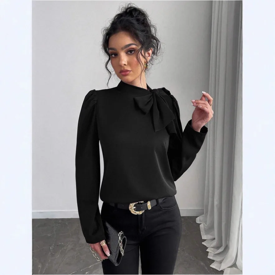 เสื้อเบลาส์ผู้หญิงแฟชั่นสปริง/ออทั่ม 2025 แขนยาว สีพื้น เรียบหรู เหมาะสำหรับใส่ทำงานในออฟฟิศ สไตล์ลำลอง