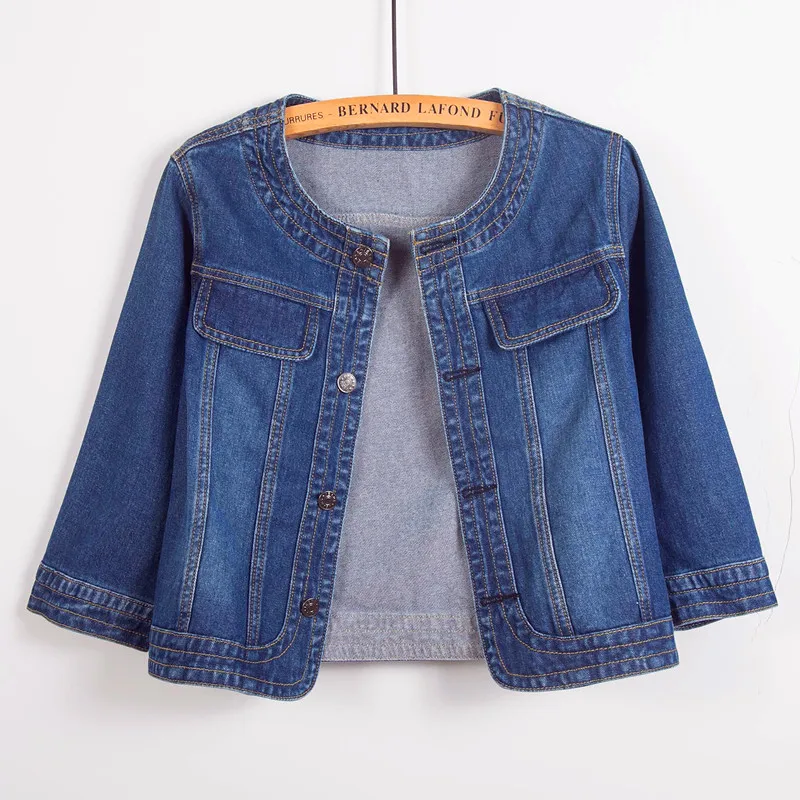 S-5XL Women Denim Jackets Spring Three-Quarter Sleeve O-Neck Single-Breasted Washed Jean Short Jacket Female Casual Outerwear