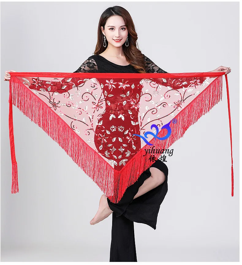 Belly Dance Latin Dance Tassel Hip Scarf Sequin Waist Chain Performance Sequin Triangle Scarf Practice Tassel Lacing Waist Scarf