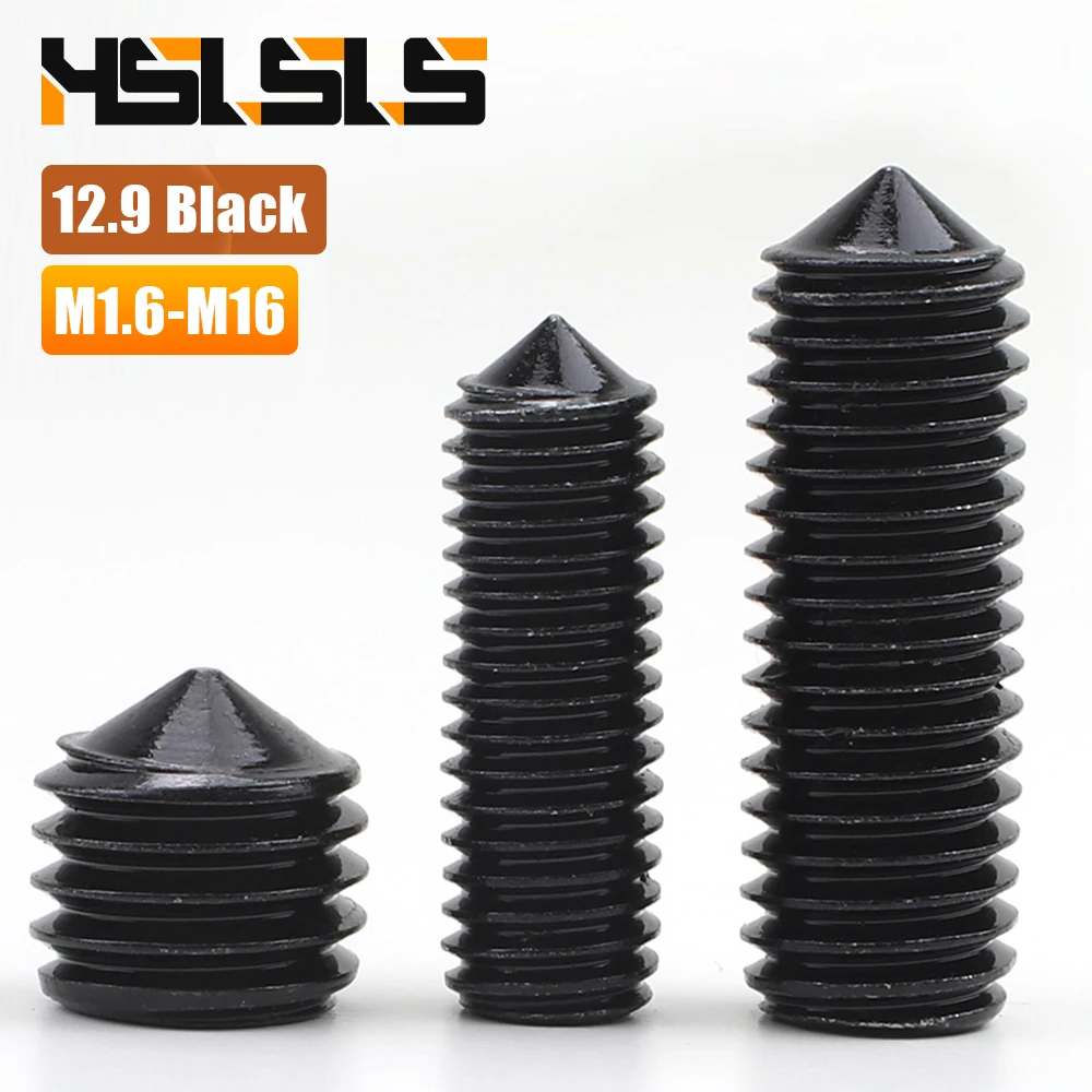 Hex Socket Cone Point Set Screw Black Carbon Steel M2 M2.5 M3 M4 M5 M6 M8 M10 M12 Hexagon Cone Point Grub Set Screw Bolt DIN914