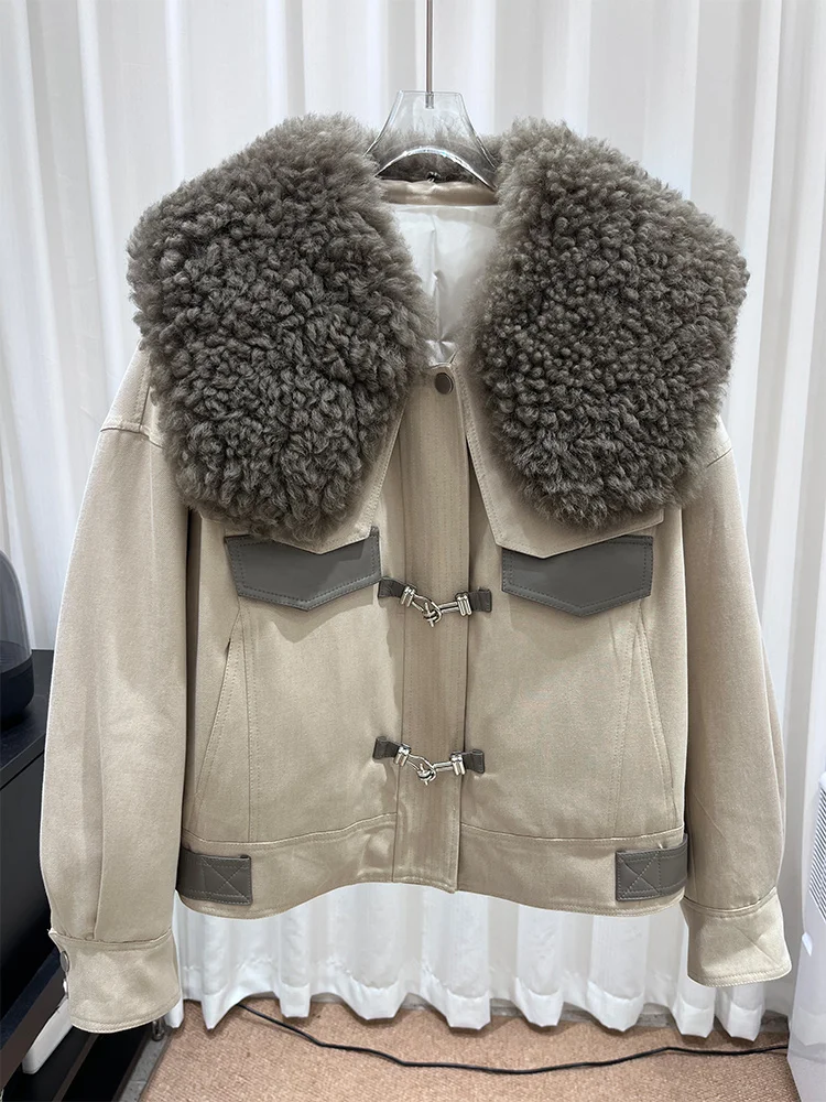 

Cusual Autumn Winter Women Natural Sheep Lamb Fur Coat Goose Down Jacket Sweet Style Luxury Female Coats Streetwear