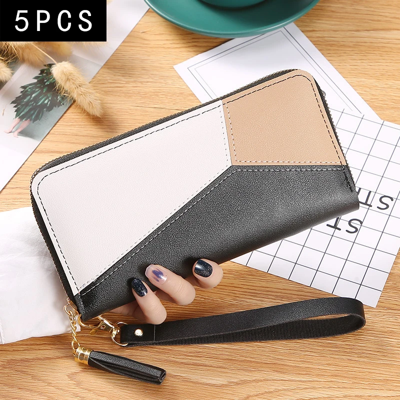 5PCS Color Contrast Splicing Long Purse Women's Clutch Bag Fashion Large Capacity Zipper Wallet Change Purse Wholesale