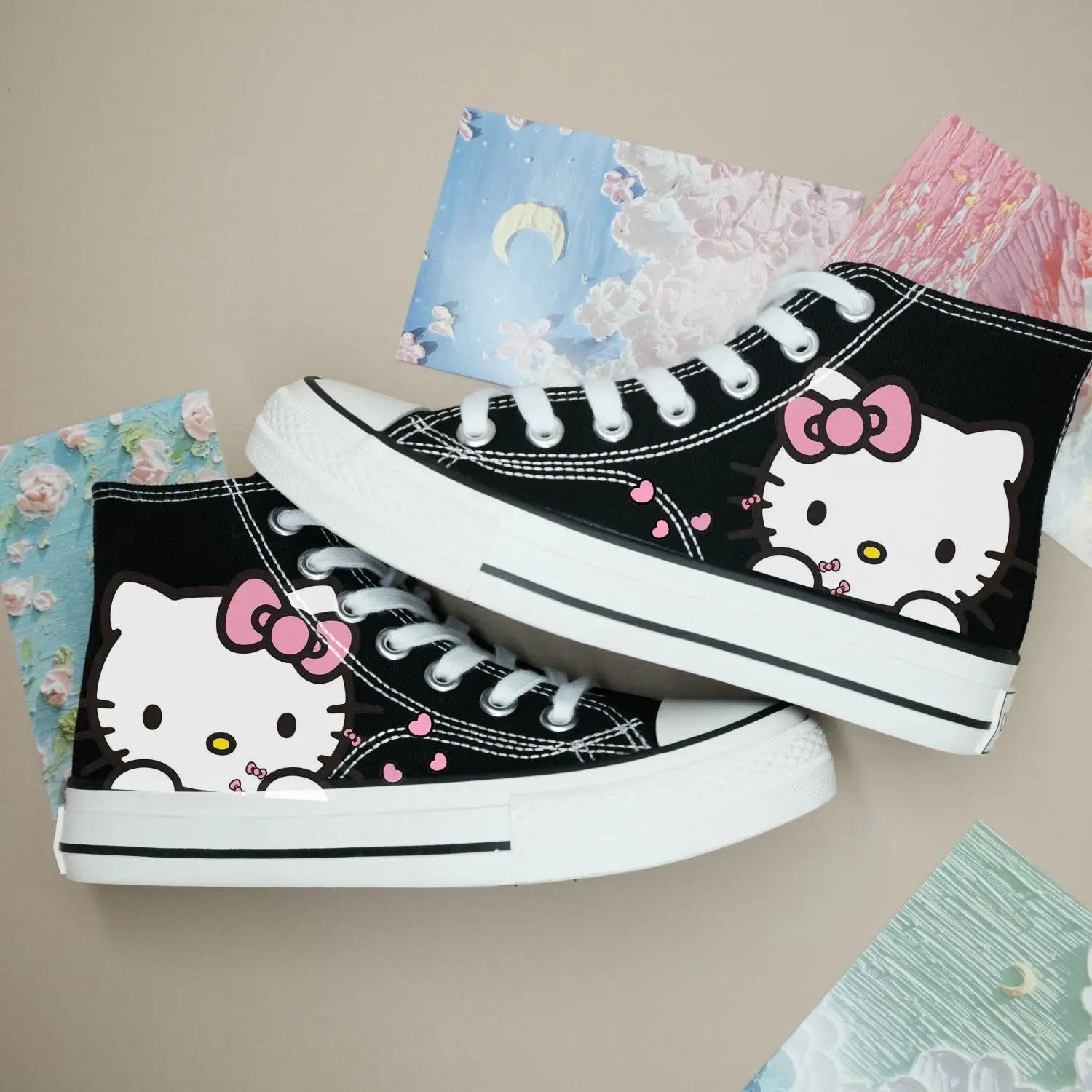 

Hello Kitty Spring and Autumn Cartoon Cute Canvas Shoes for Girls Anime Patterns Casual Sports Shoes Printed Sports Board Shoes