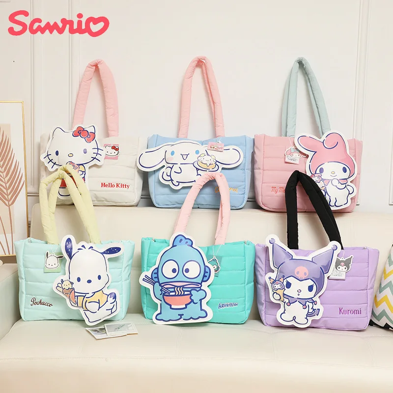 Anime Kawaii Sanrio Hello Kittys My Melody Gourmet Series Girls Shoulder Bag Three-dimensional Doll Down KT Tote Bag