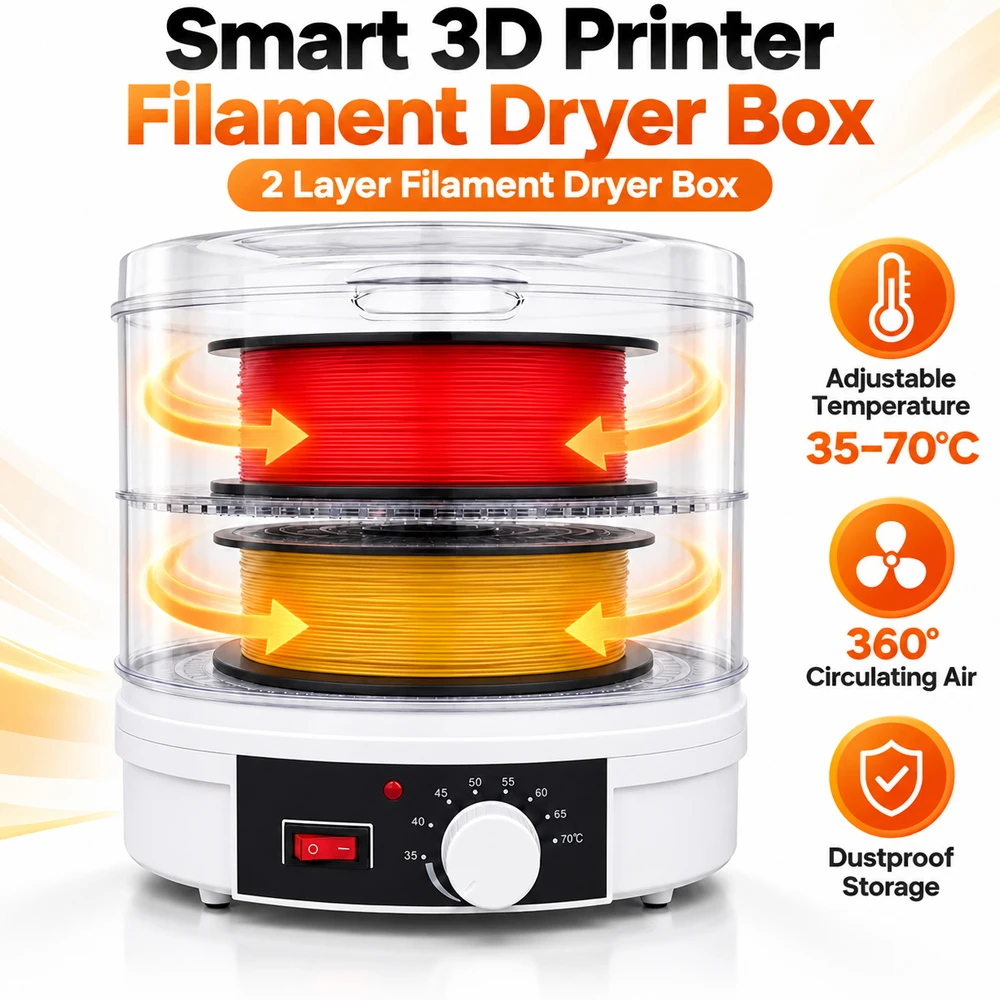 3D Printer Filament Dryer Box, 2-layer Filament Dryer Box Adjustable Temperature 35-70°C, 360° Circulating Air Dehydrator