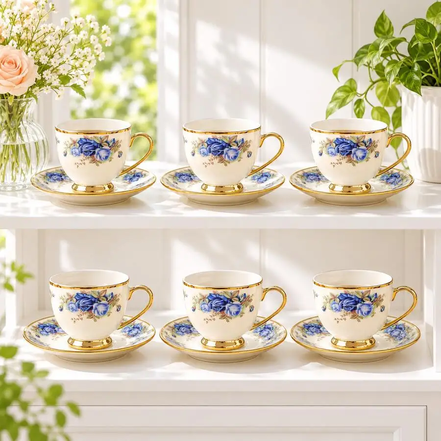6 Cups & 6 Saucers Coffee Cup Set, 90ml/3oz Floral Espresso Tea Cups With Gold Rim, Elegant Small Coffee Cups And Saucers, After