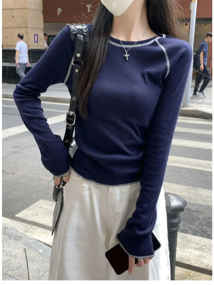 Retro American Chic Sewing Line Design Round Neck Elegant Long Sleeve T-shirt Women's Harajuku Fashion Casual Base Top 2025 New